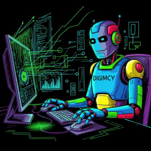 AI Services in Bangladesh, A vibrant, colorful sketch of a robot labeled "DIGIMCY" working at a computer with flowing lines of code and data, representing AI in digital marketing.