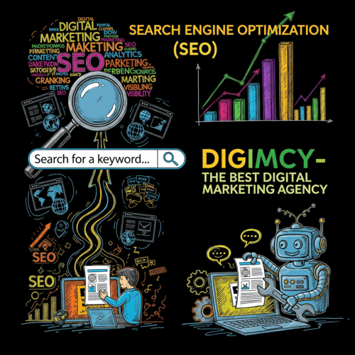AI Services in Bangladesh ,A vibrant, neon-outlined robot holding a holographic screen displaying "Digimcy - The Best Digital Marketing Agency" surrounded by digital marketing task icons.